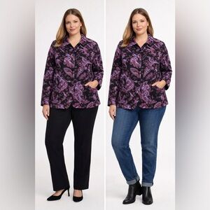 Charter Club 3X Paisley Stretch Jacket Blazer Black Purple Button Front